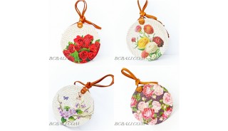 Circle Rattan Sling Bags Bali With Flower Decorations Handmade